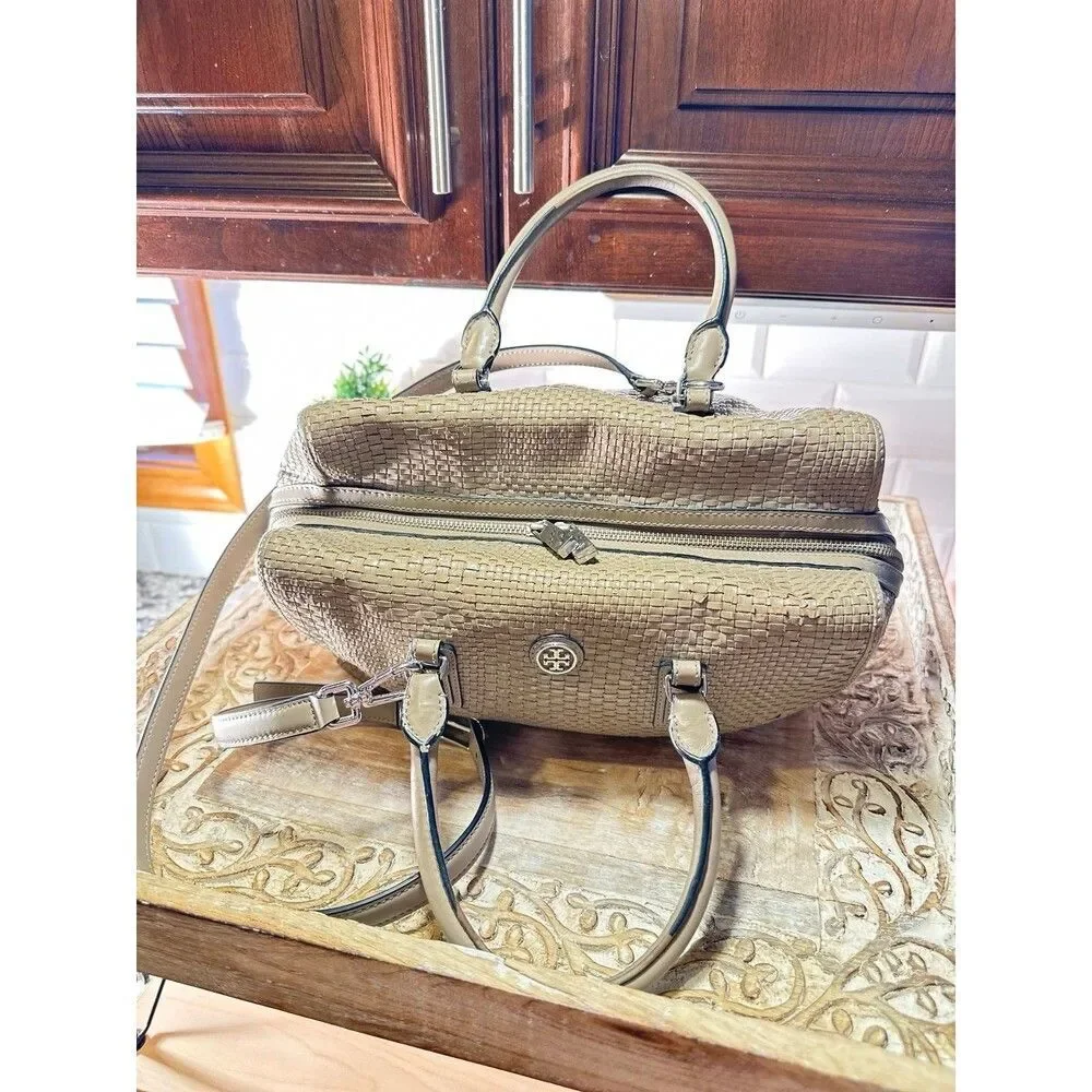 TORY BURCH ROBINSON WOVEN SOFT SATCHEL FRENCH GRAY